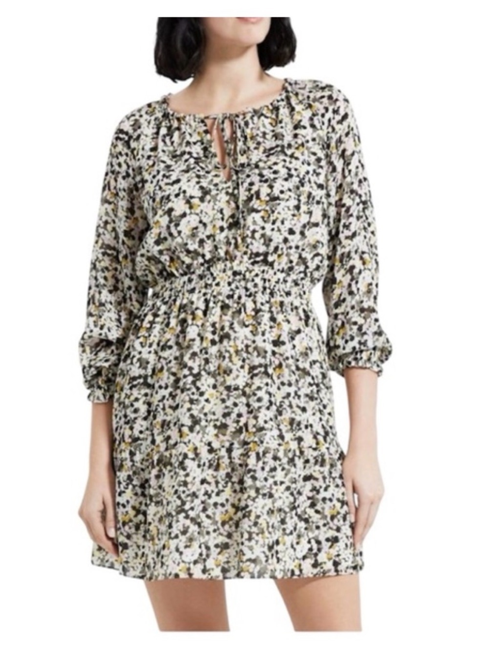 Theory Graphic Silk Blouson Mini Floral Dress M Drawstring Neck Bishop Sleeve